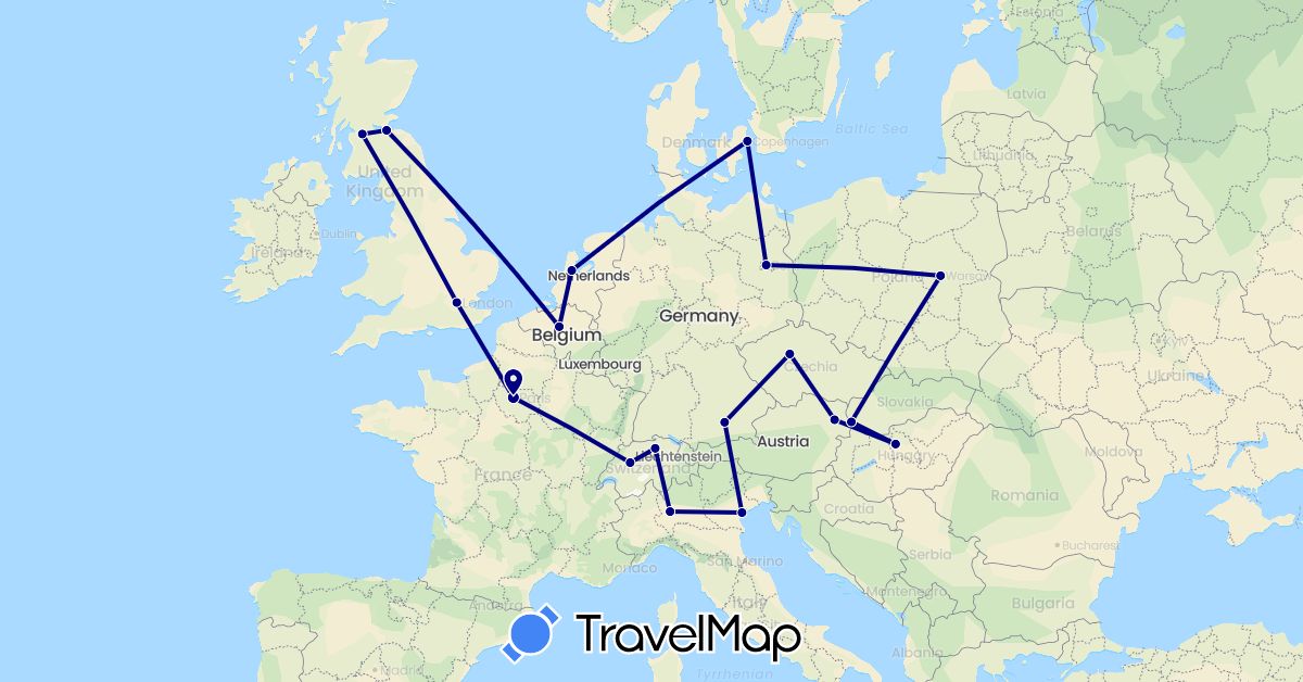 TravelMap itinerary: driving in Austria, Belgium, Switzerland, Czech Republic, Germany, Denmark, France, United Kingdom, Hungary, Italy, Netherlands, Poland, Slovakia (Europe)